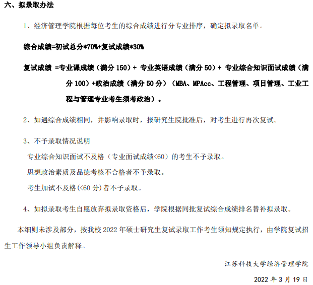 2022年江蘇科技大學MBA復試錄取方案（復試時間、復試內容）